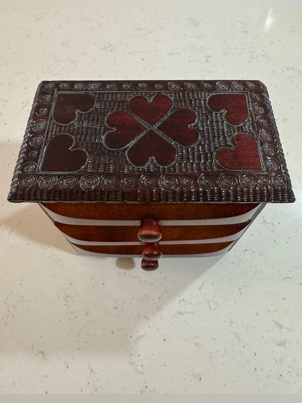 Miniature Wooden 3 Drawer Jewelry Box Heart Design